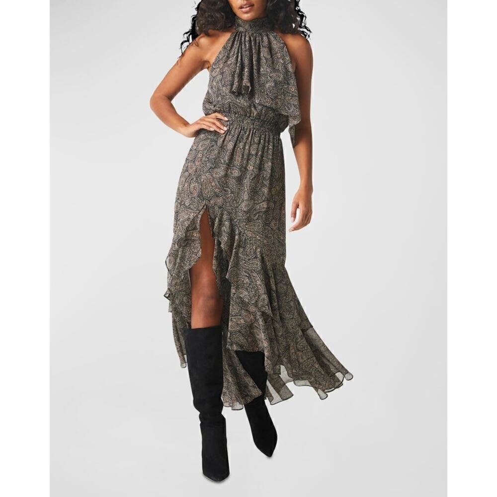 Misa Aneva Dress Sleeveless Ruffle Tiered Back-Tie Midi Paisley Shimmer NWT XS